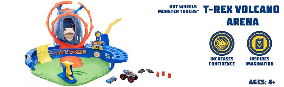 Hot Wheels Monster Trucks T-Rex Volcano Arena Playset with Race Ace Truck & Car